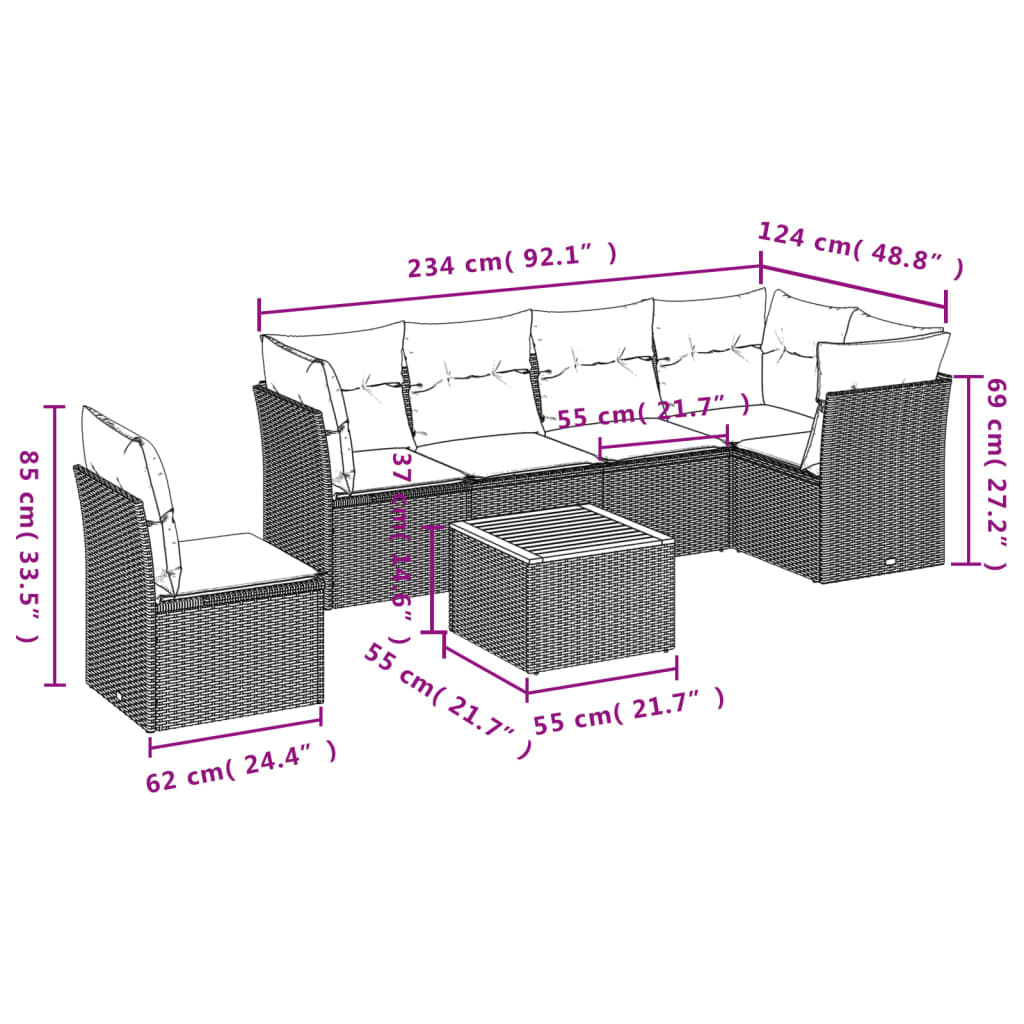 vidaXL 7 pcs conjunto de sofás p/ jardim c/ almofadões vime PE preto
