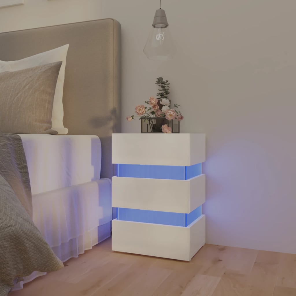 vidaXL Mesa de cabeceira c/ luzes LED deriv. madeira branco brilhante