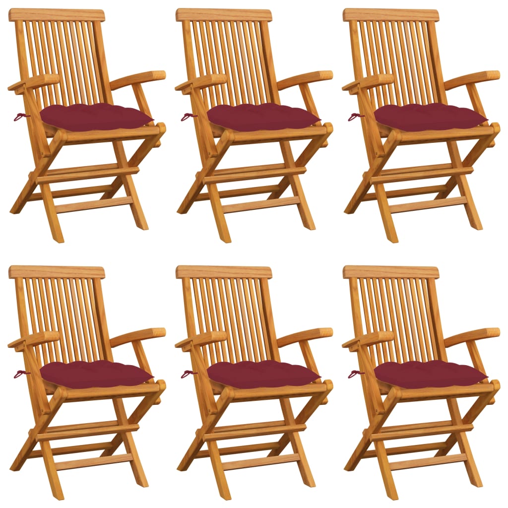vidaXL Cadeiras jardim c/ almofadões vermelho tinto 6 pcs teca maciça