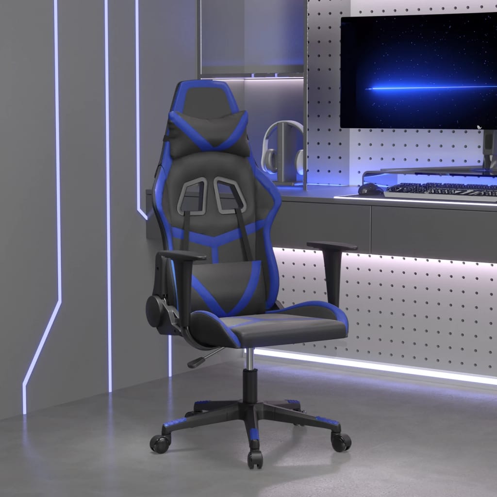 vidaXL Cadeira gaming de massagens couro artificial preto e azul