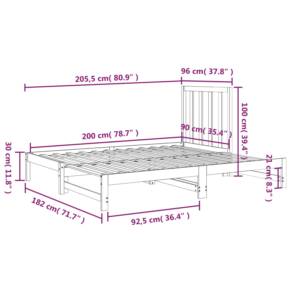 vidaXL Sofá-cama de puxar 2x(90x200) cm madeira de pinho maciça