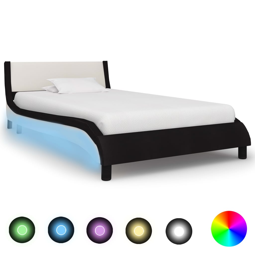 vidaXL Estrutura cama c/ LEDs 90x200 cm couro artificial preto/branco