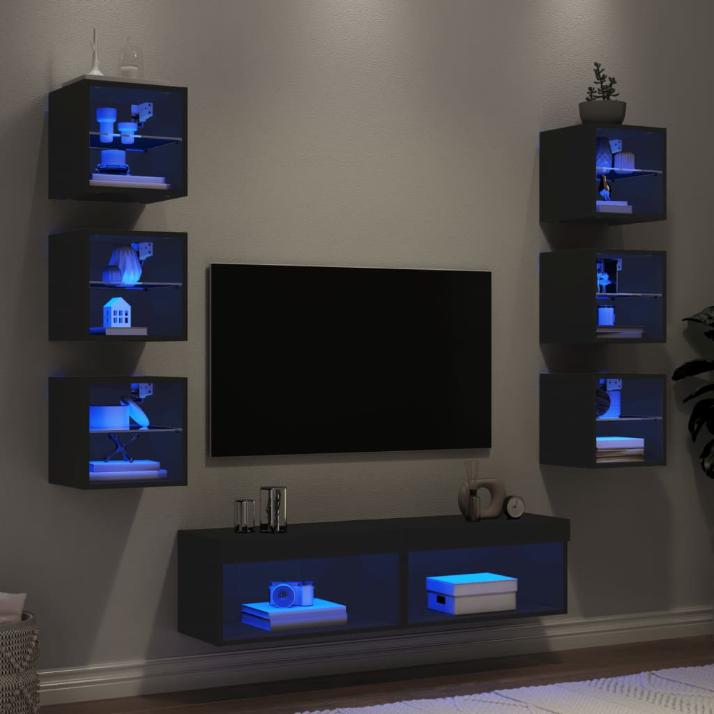 vidaXL 8 pcs móveis de parede p/ TV c/ LEDs derivados de madeira preto