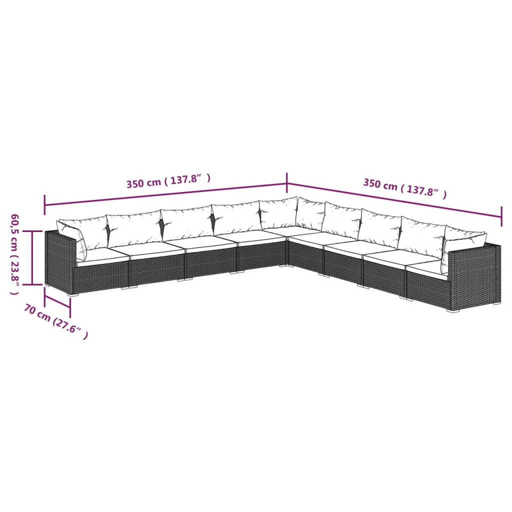 vidaXL 9 pcs conjunto lounge de jardim c/ almofadões vime PE preto