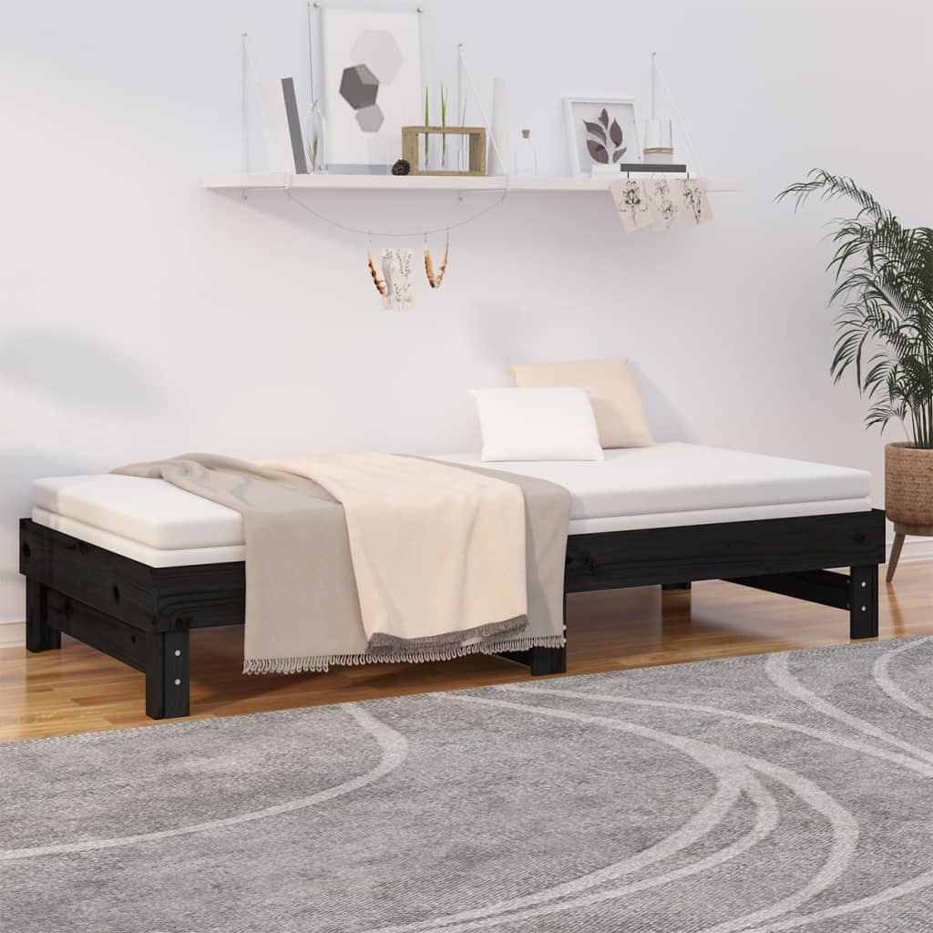 vidaXL Sofá-cama de puxar 2x(100x200) cm madeira de pinho maciça preto