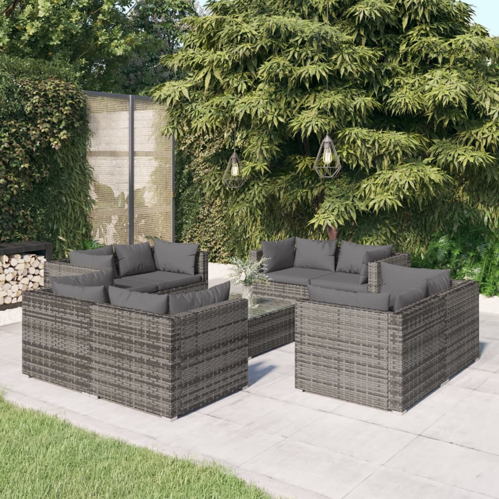 vidaXL 9 pcs conjunto lounge de jardim c/ almofadões vime PE cinzento