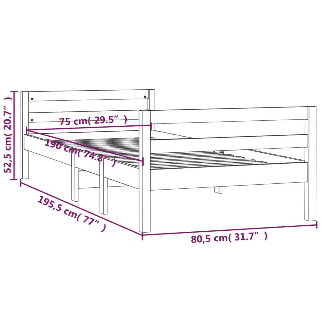 vidaXL Estrutura de cama 75x190 cm madeira de pinho maciça cinzento