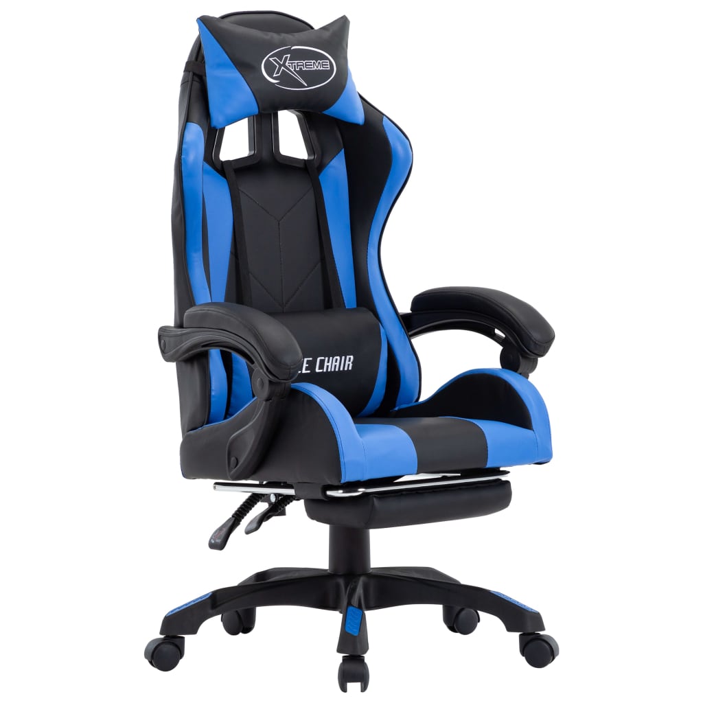 vidaXL Cadeira estilo corrida c/ apoio pés couro artificial azul/preto