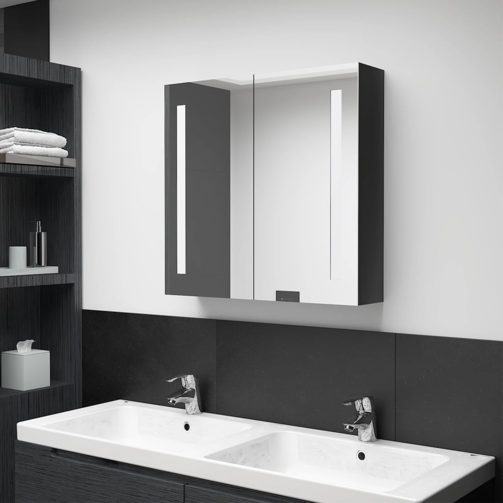vidaXL Armário espelhado casa de banho LED 62x14x60cm preto brilhante
