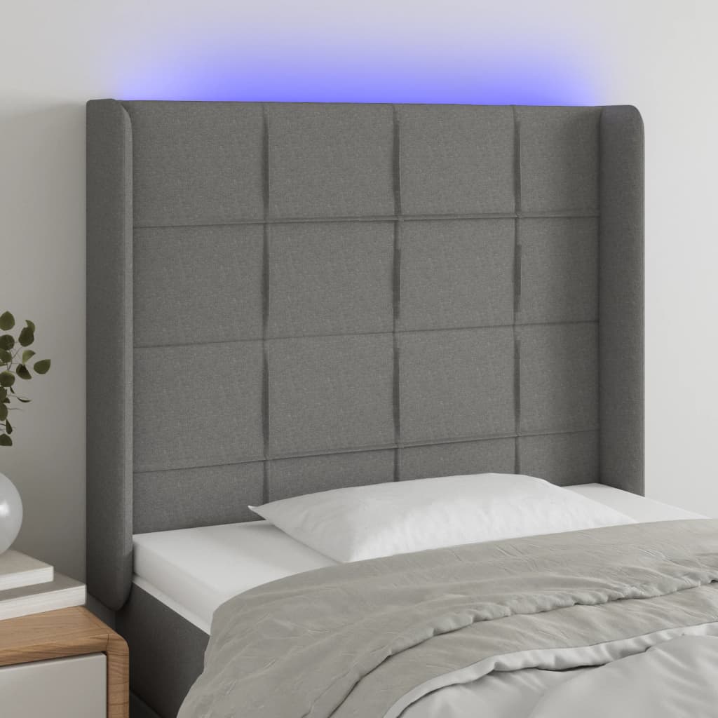 vidaXL Cabeceira de cama c/ LED tecido 93x16x118/128 cm cinza-escuro