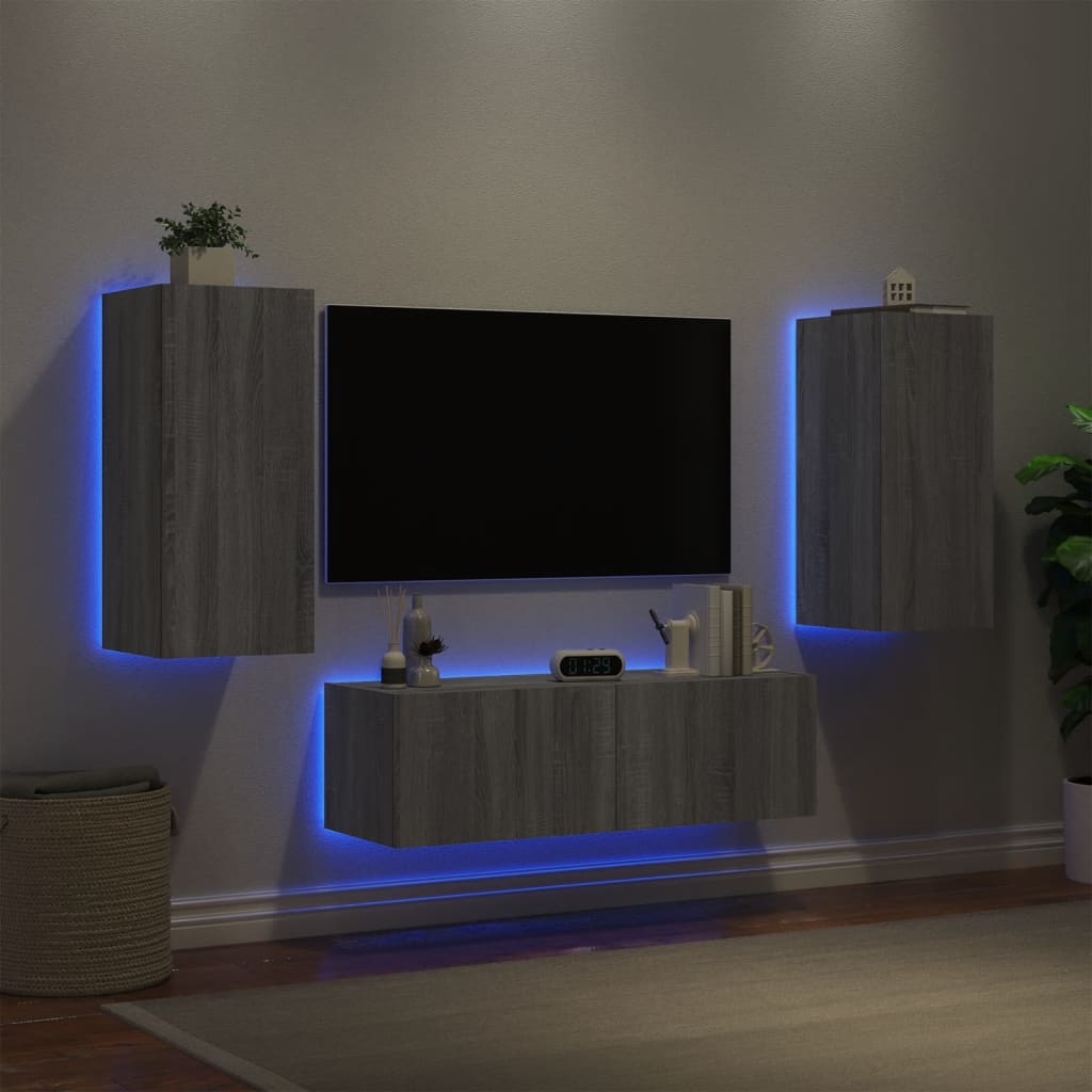 vidaXL 3 pcs móveis de parede para TV com luzes LED cinzento sonoma
