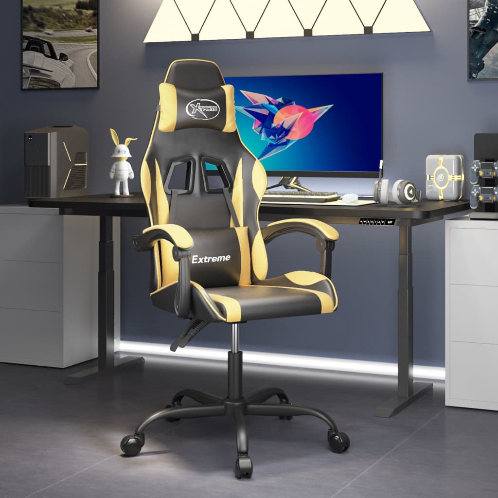 vidaXL Cadeira gaming giratória couro artificial preto e dourado