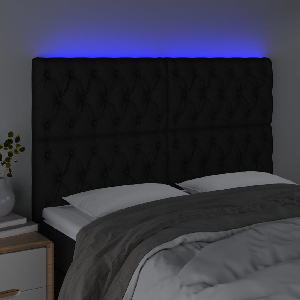 vidaXL Cabeceira de cama c/ luzes LED tecido 144x7x118/128 cm preto