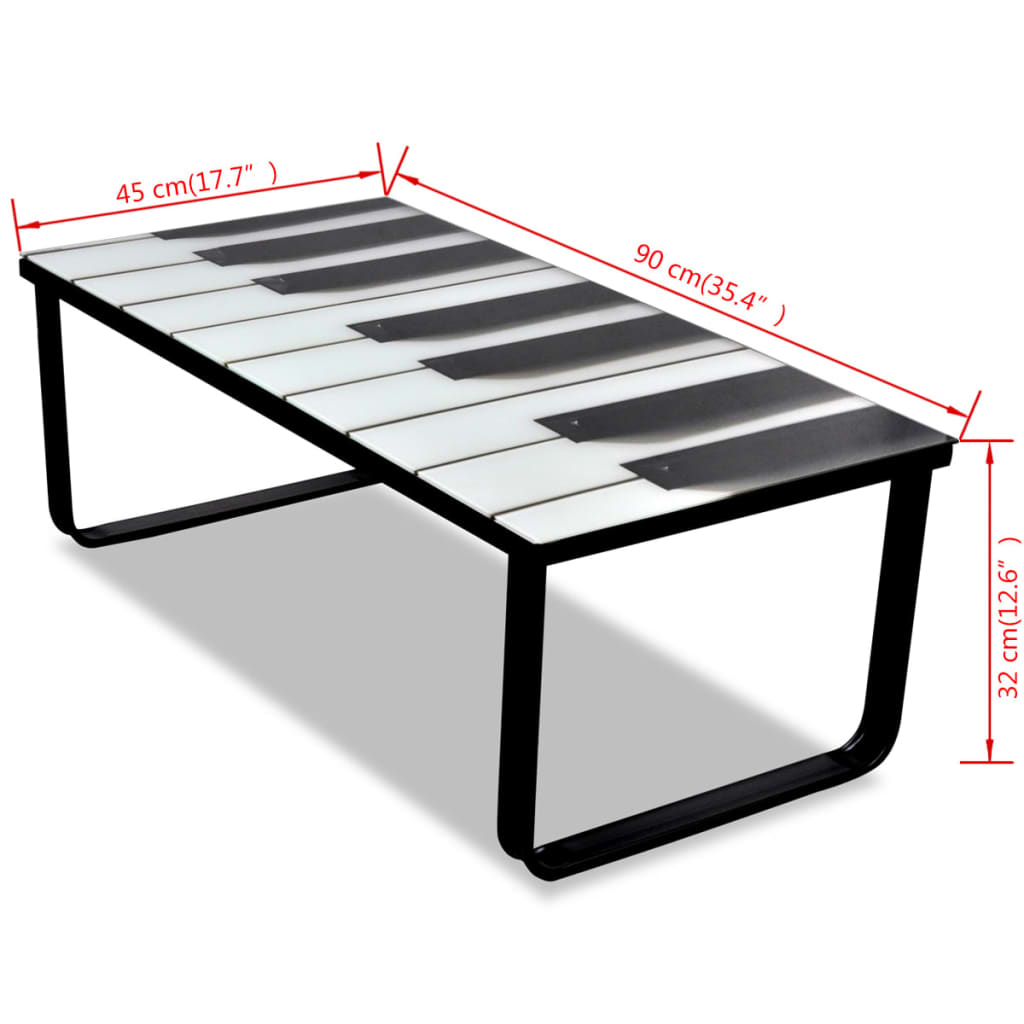 vidaXL Mesa de centro, tampo de vidro com impressão de piano