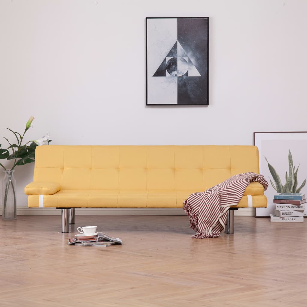 vidaXL Sofá-cama com duas almofadas poliéster amarelo