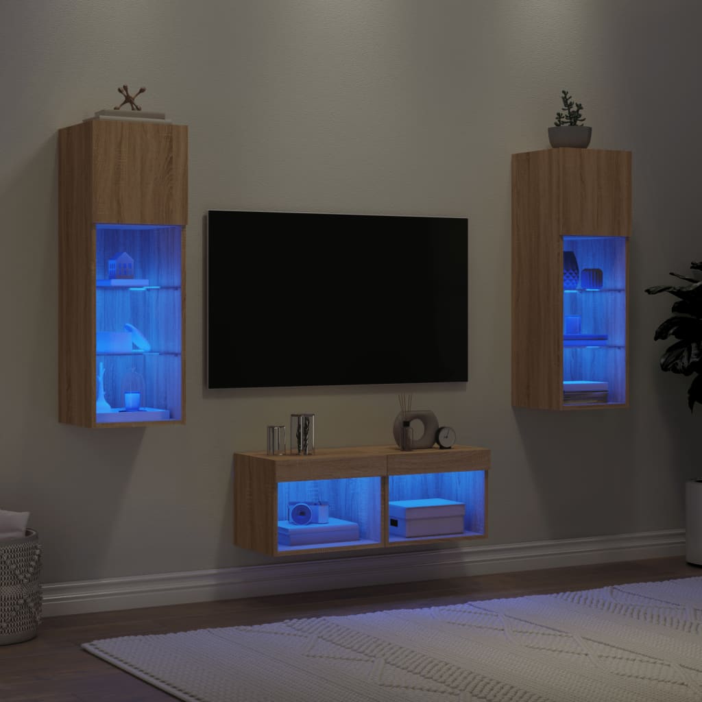 vidaXL 4 pcs móveis de parede para TV com luzes LED carvalho sonoma