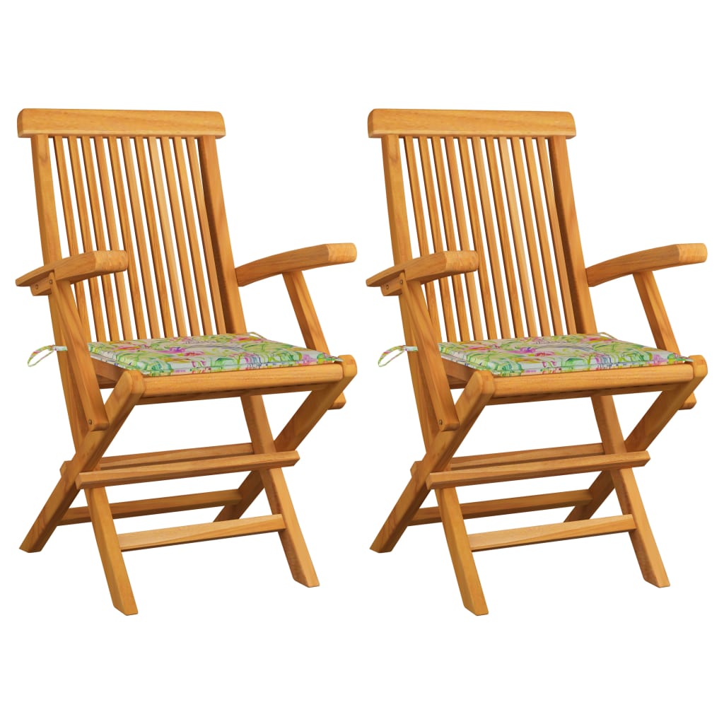 vidaXL Cadeiras de jardim c/ almofadões padrão de folhas 2 pcs teca