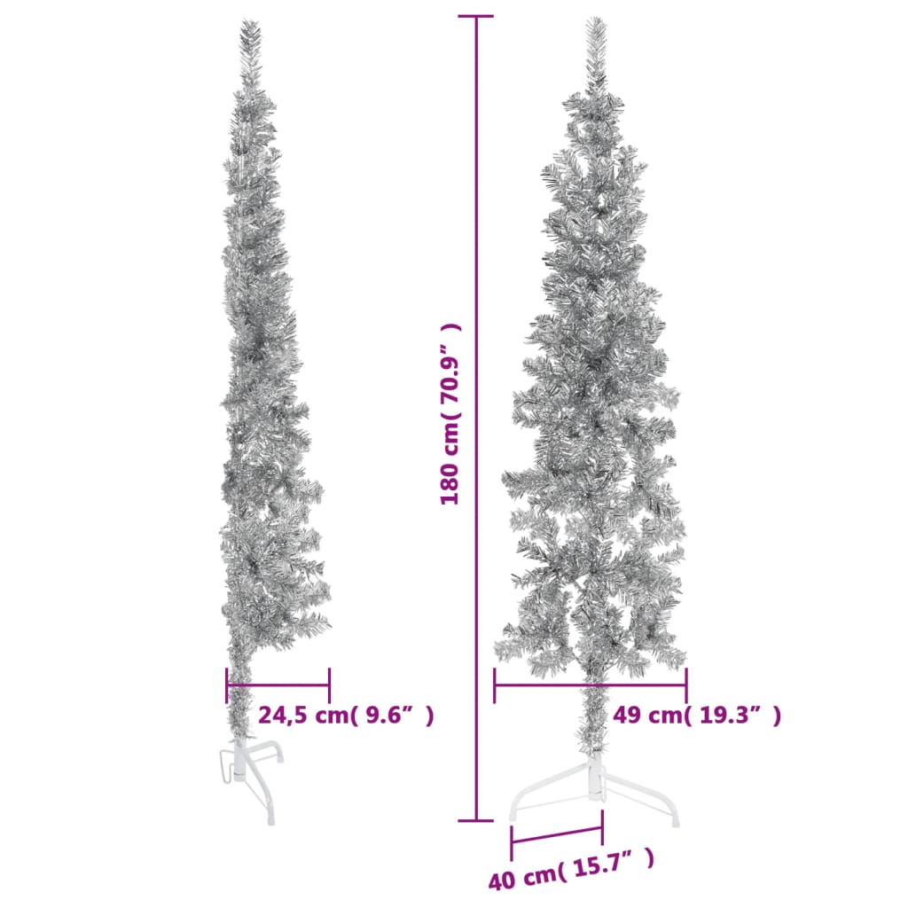 vidaXL Meia árvore de Natal fina com suporte 180 cm prateado