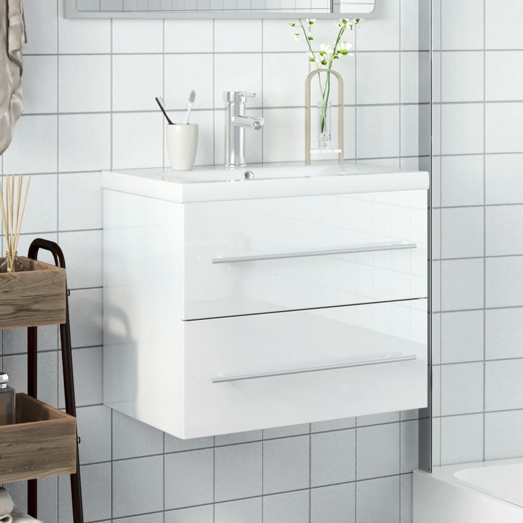 vidaXL Armário de casa de banho c/ lavatório embutido branco brilhante