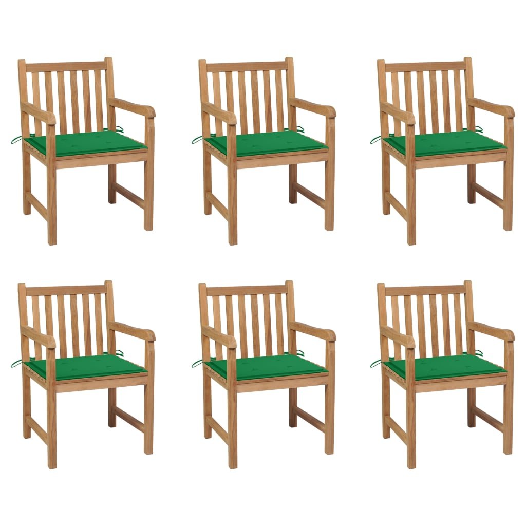 vidaXL Cadeiras de jardim c/ almofadões verdes 6 pcs teca maciça