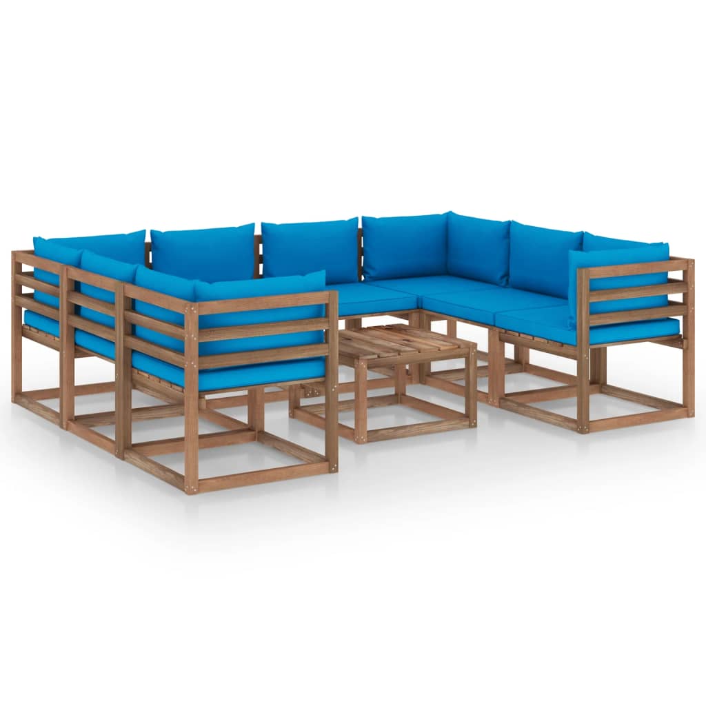 vidaXL 9 pcs conjunto lounge de jardim c/ almofadões azuis