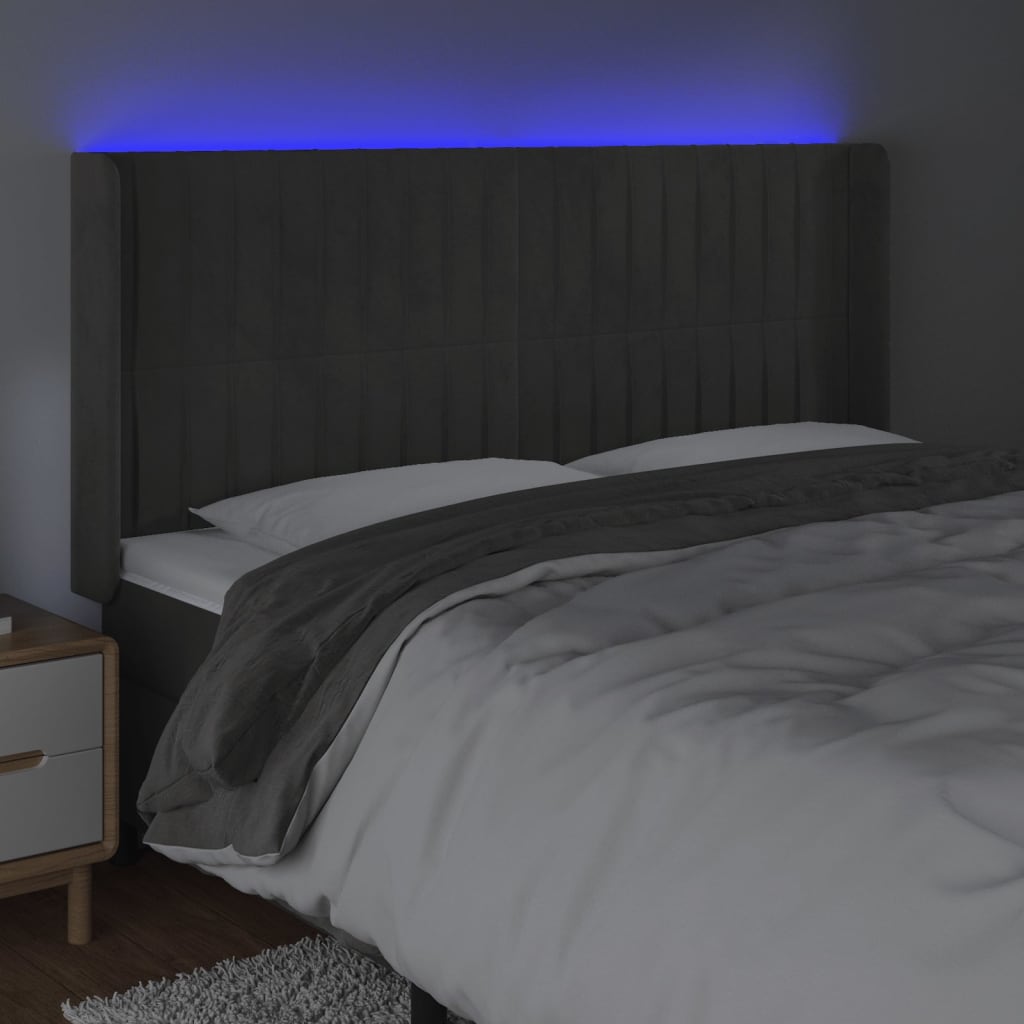 vidaXL Cabeceira de cama c/ LED veludo 183x16x118/128 cm cinza-escuro