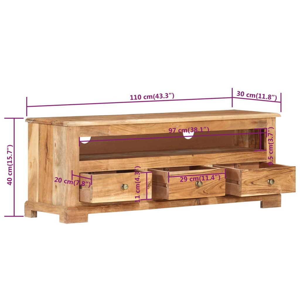 vidaXL Móvel de TV madeira de acácia maciça 110x30x40 cm castanho
