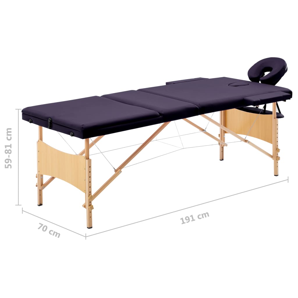 vidaXL Mesa de massagens dobrável 3 zonas madeira roxo