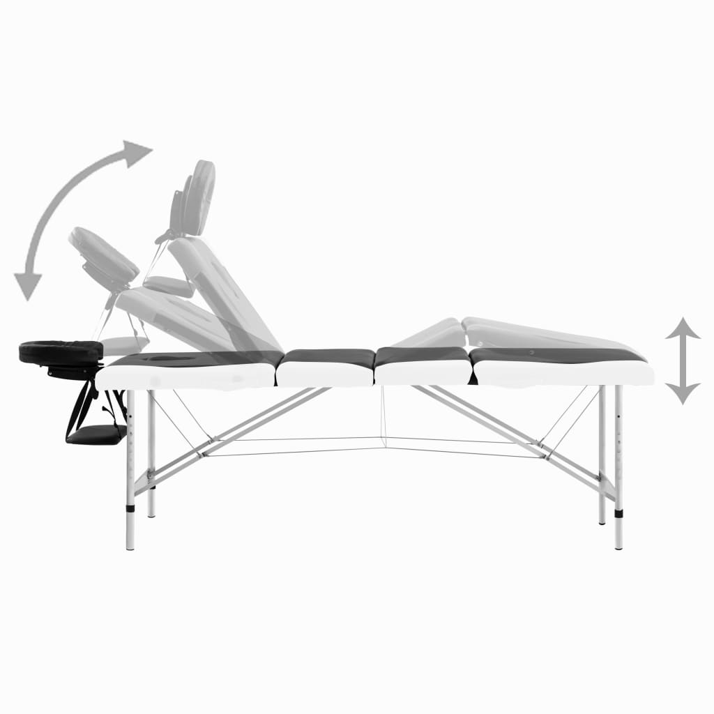 vidaXL Mesa de massagem dobrável 4 zonas alumínio preto e branco