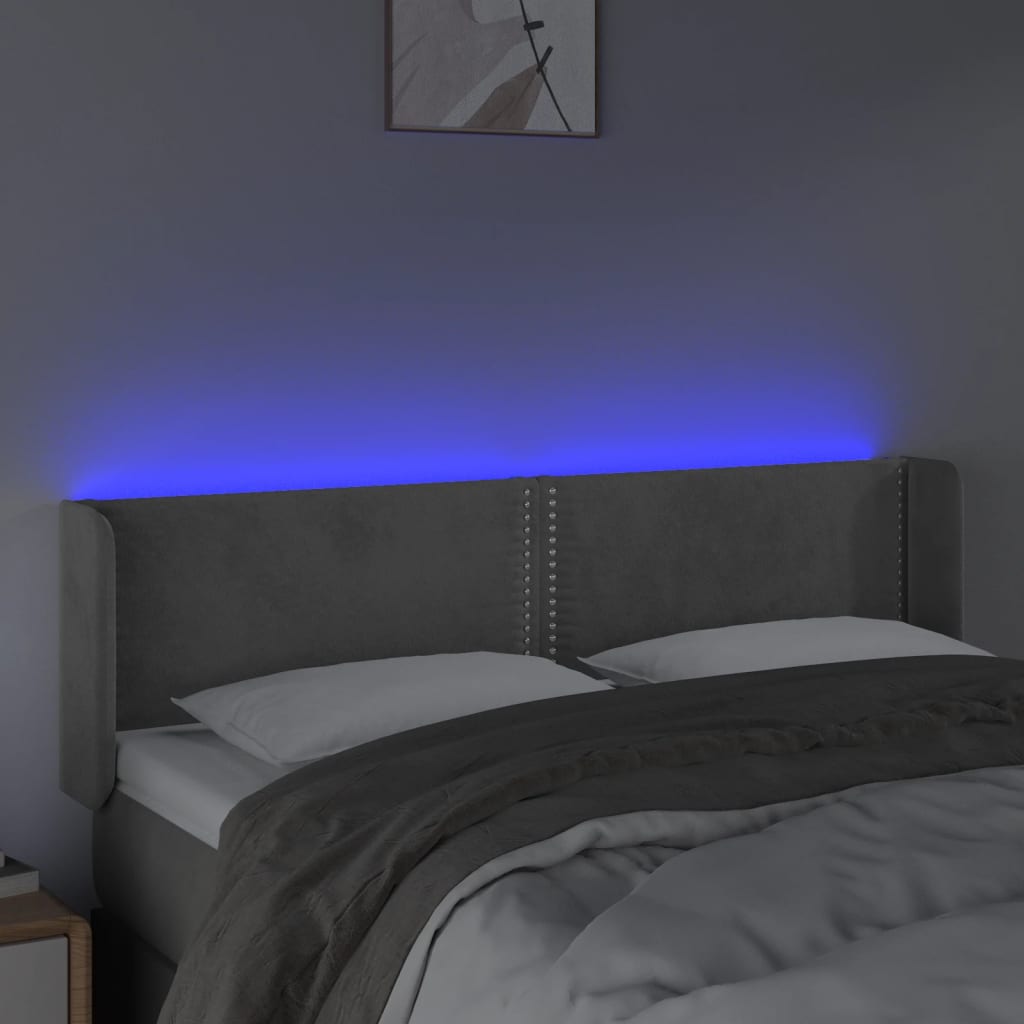 vidaXL Cabeceira cama c/ luzes LED veludo 147x16x78/88 cm cinza-claro