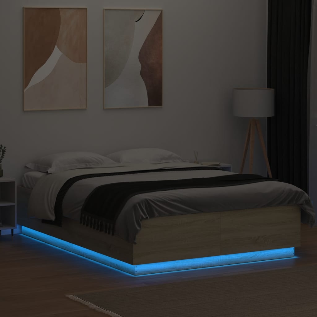 vidaXL Estrutura cama c/ luzes LED derivados madeira carvalho sonoma