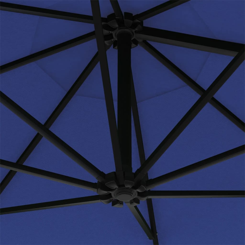 vidaXL Guarda-sol parede luzes LED e poste metálico 300 cm azul