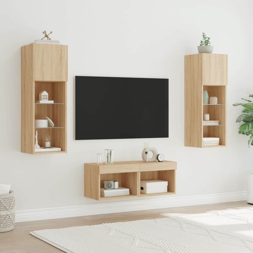 vidaXL 4 pcs móveis de parede para TV com luzes LED carvalho sonoma