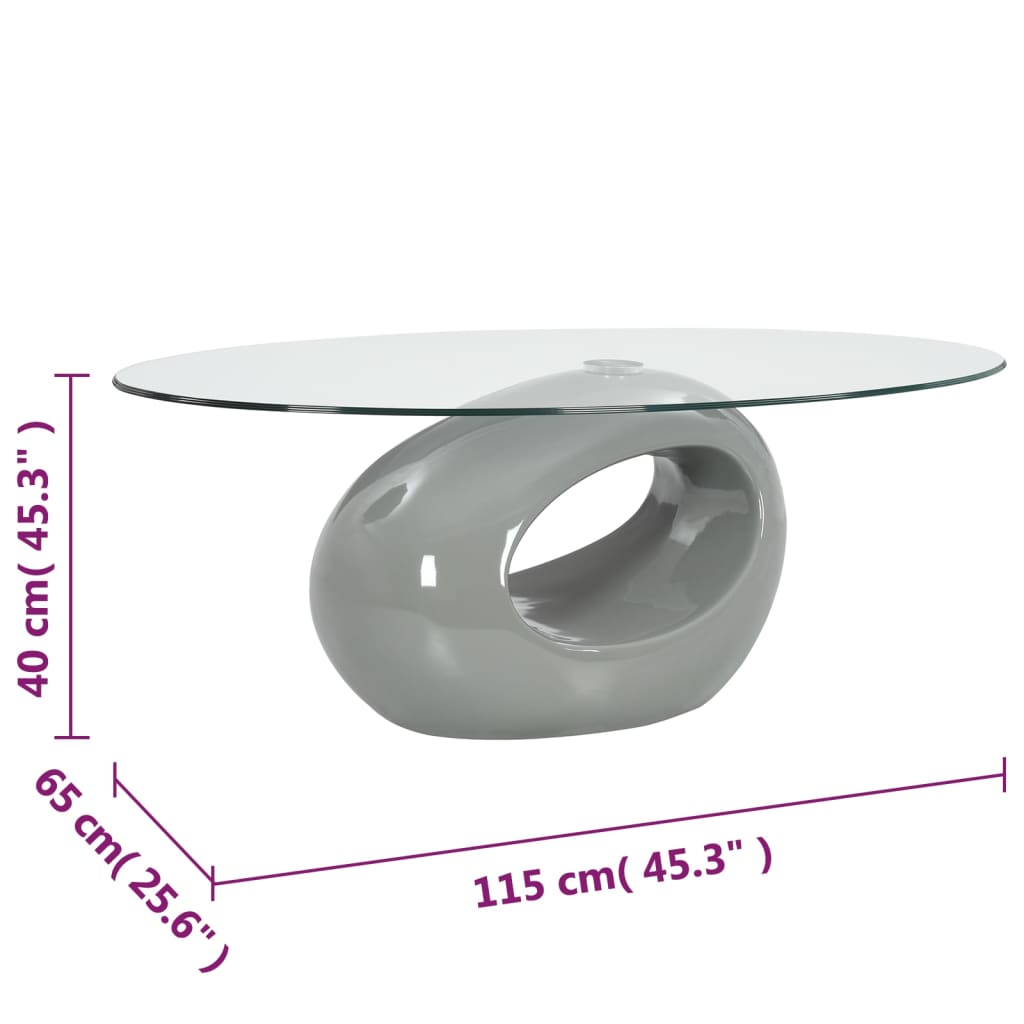 vidaXL Mesa de centro com tampo de vidro oval cinzento brilhante