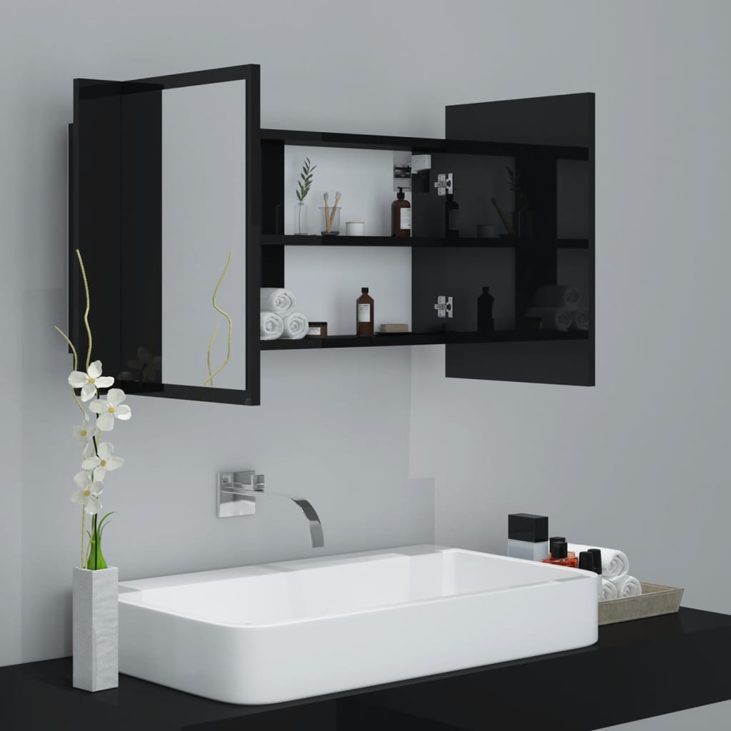 vidaXL Armário espelhado casa de banho LED acrílico preto brilhante