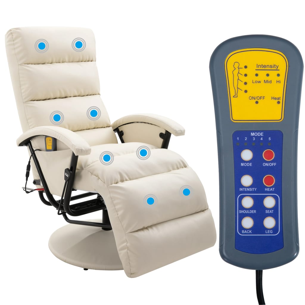 vidaXL Cadeira de massagens reclinável couro artificial branco creme