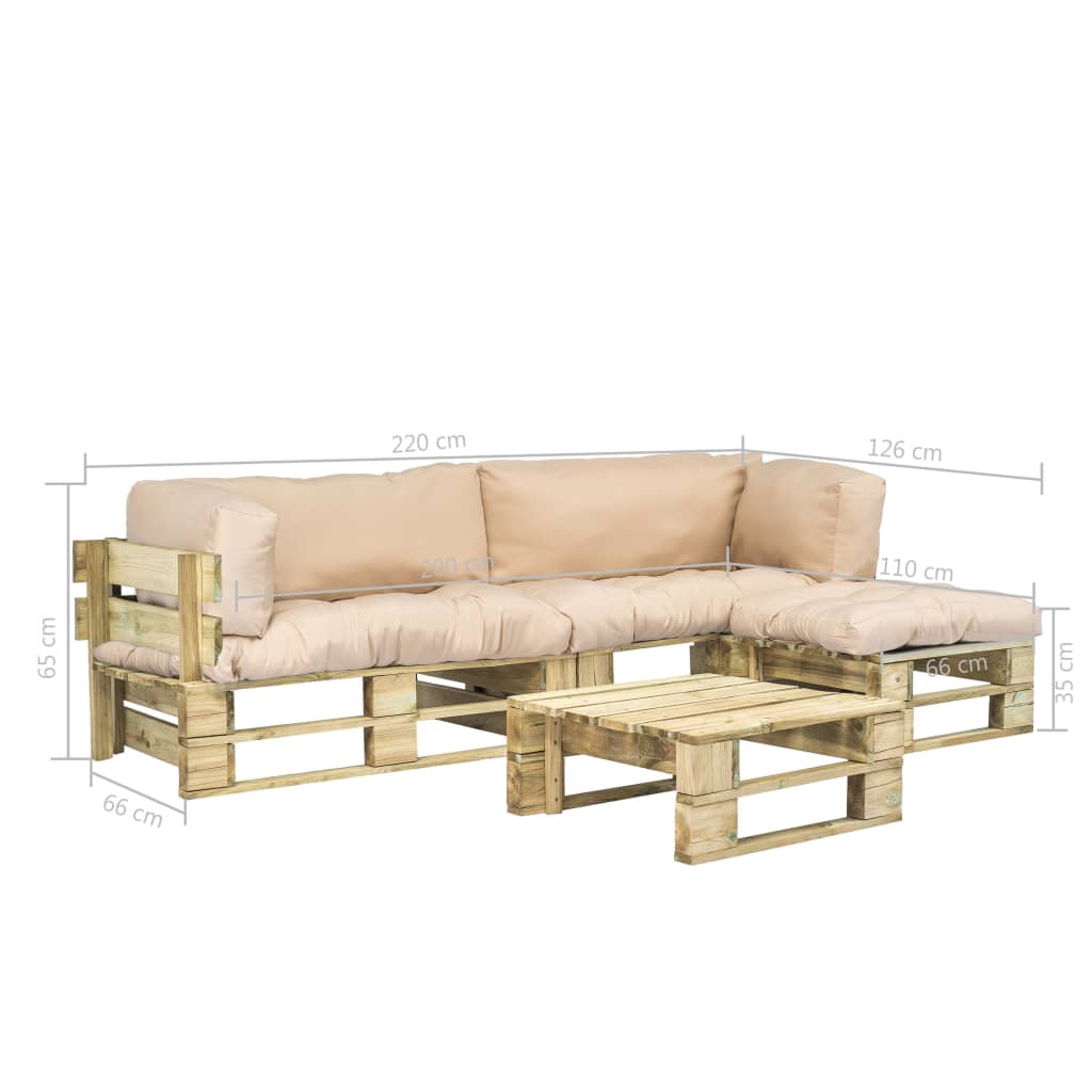 vidaXL Conj. lounge de paletes 4 pcs com almofadões cor areia madeira