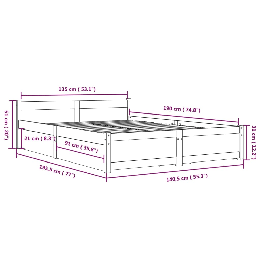 vidaXL Estrutura de cama com gavetas 135x190 cm casal