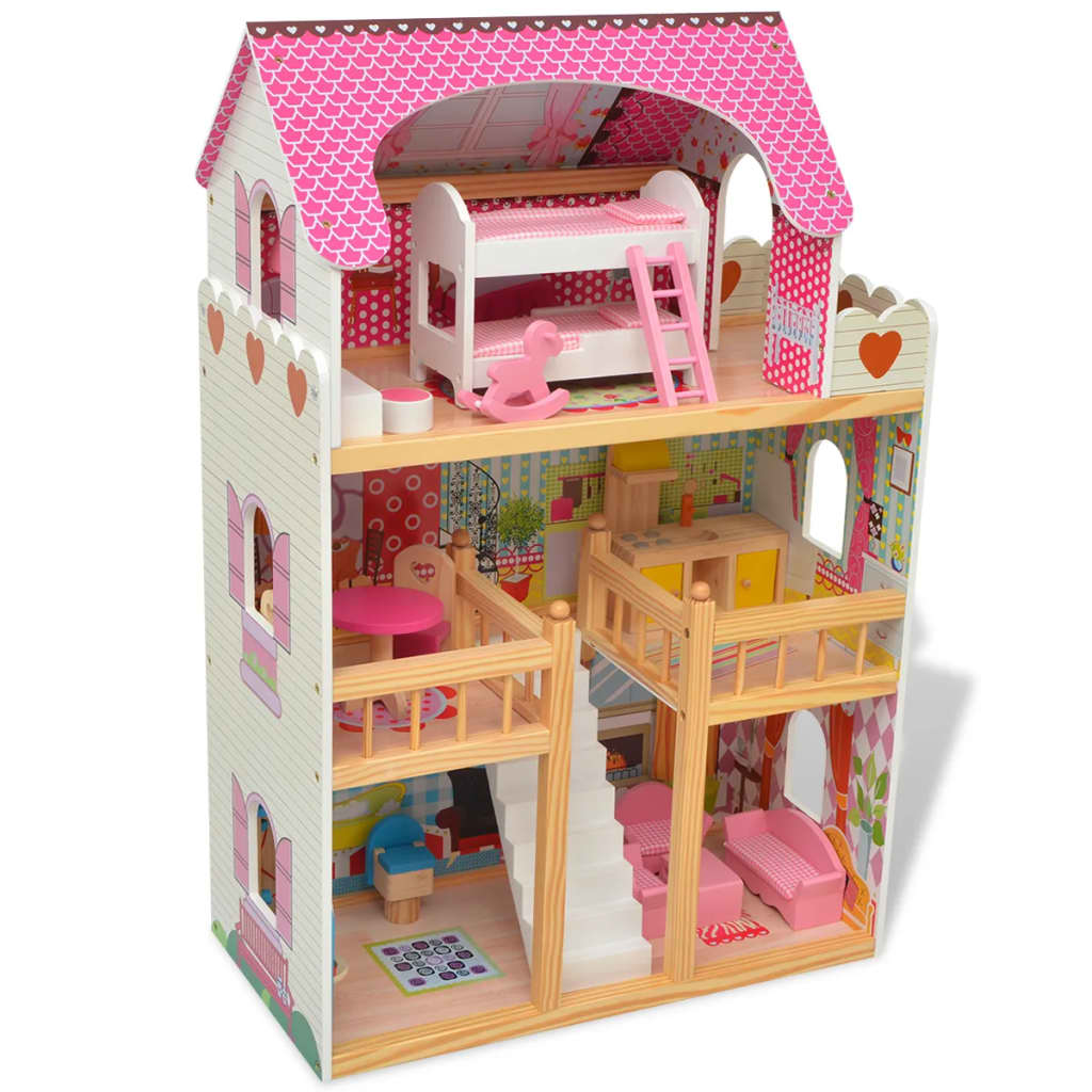 vidaXL Casa de bonecas com três pisos, madeira, 60x30x90 cm