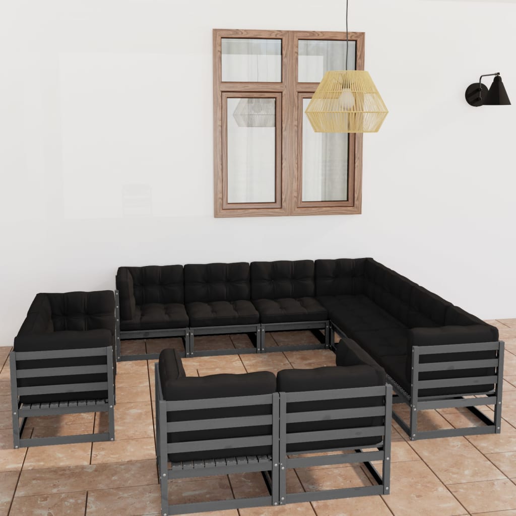 vidaXL 11 pcs conj. lounge de jardim + almofadões pinho maciço cinza