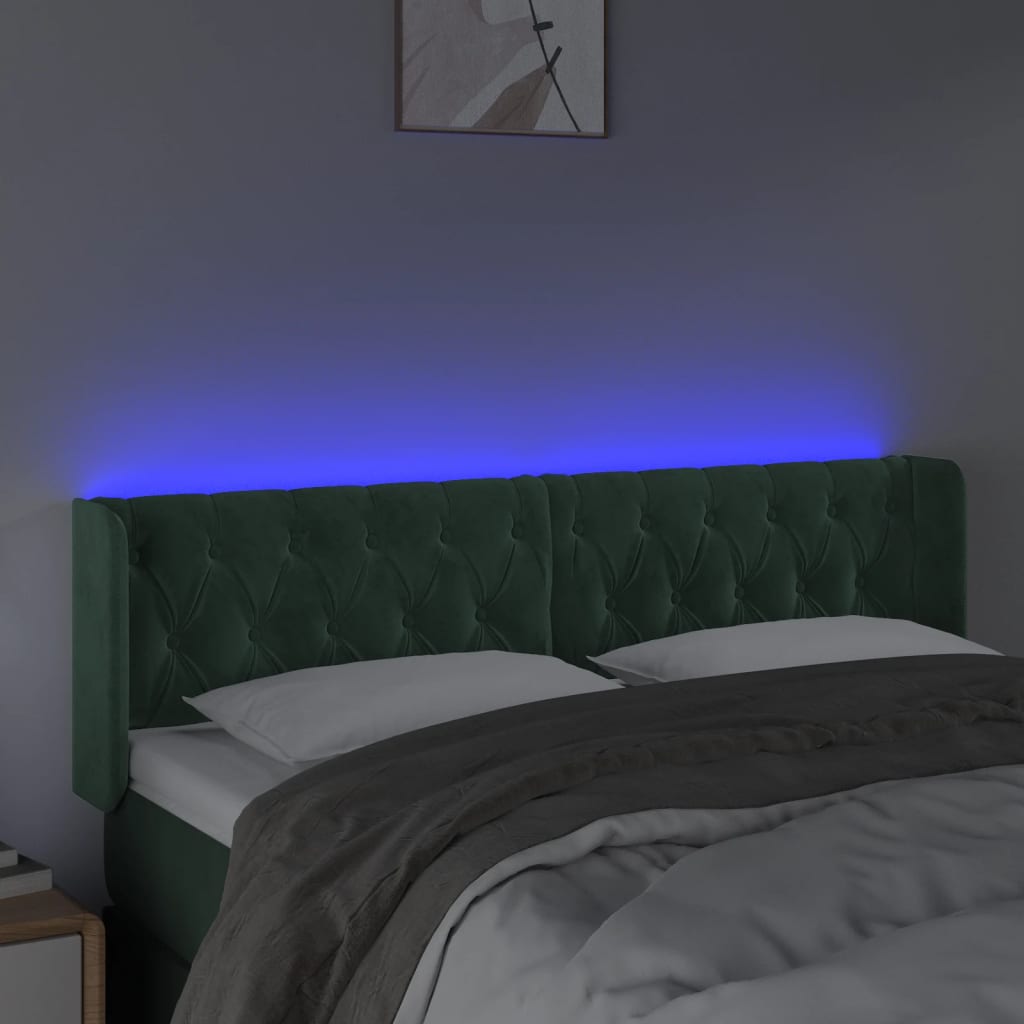 vidaXL Cabeceira cama c/ luzes LED veludo 163x16x78/88 cm verde-escuro