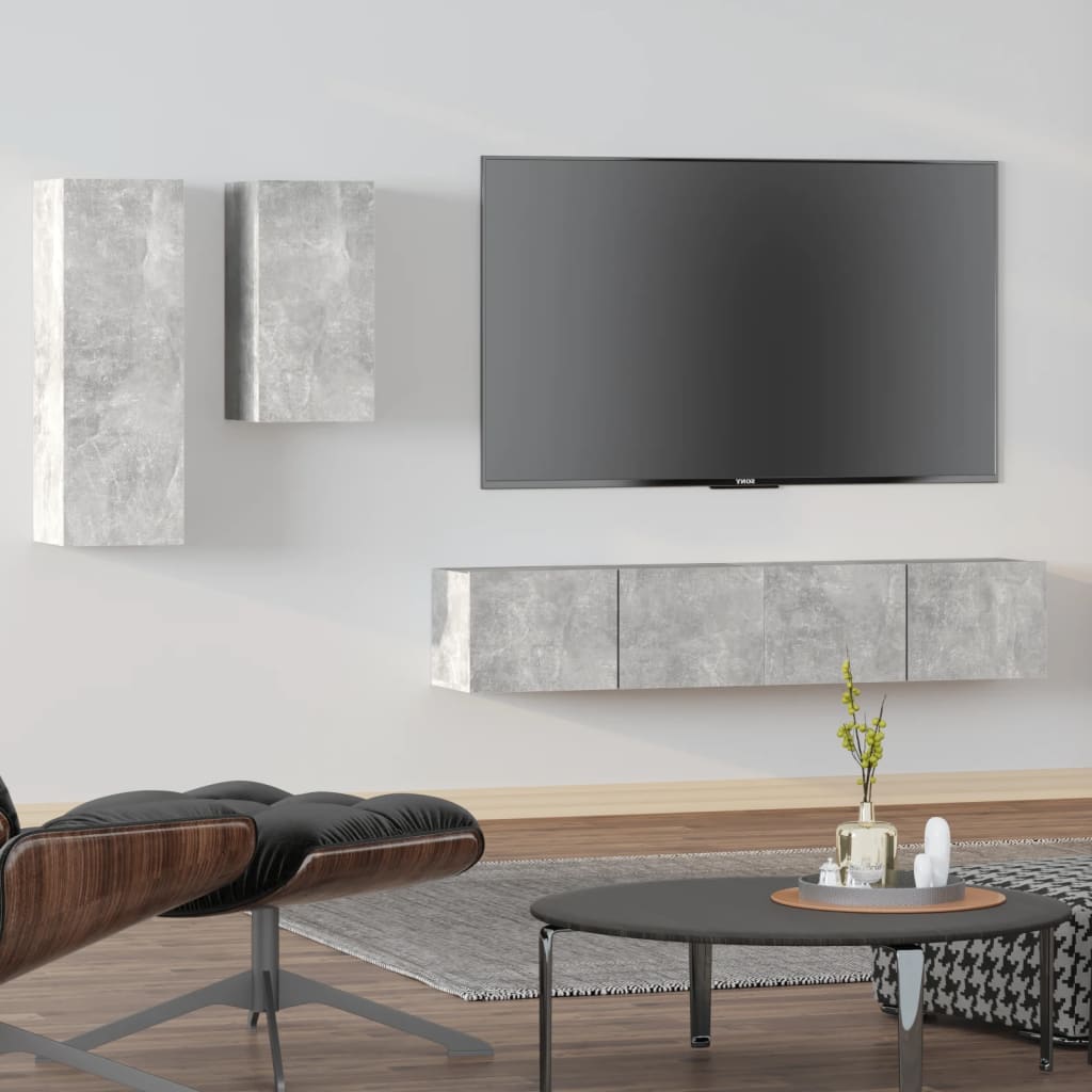 vidaXL 4 pcs conjunto móveis TV derivados de madeira cinzento cimento
