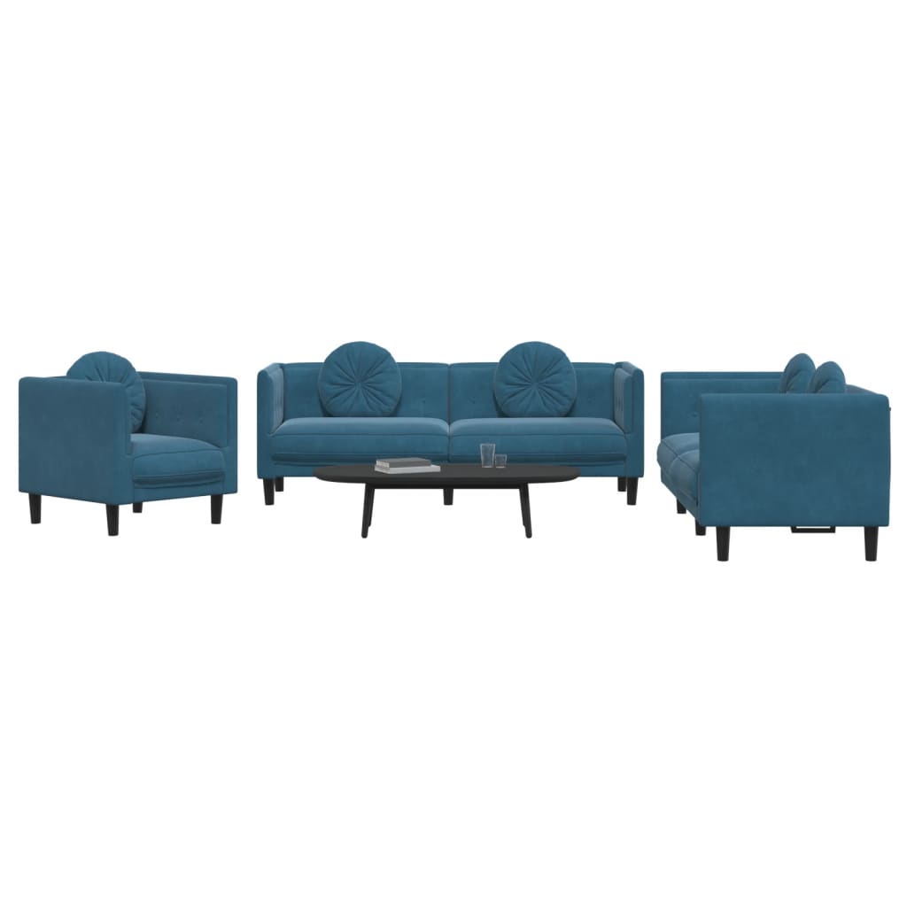 vidaXL 3 pcs conjunto de sofás com almofadas veludo azul