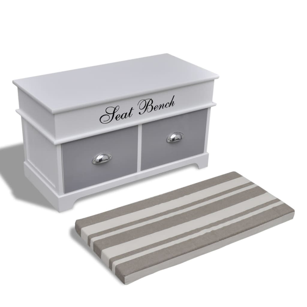 Banco arrumos e entrada branco + almofada cinzenta e 2 gavetas