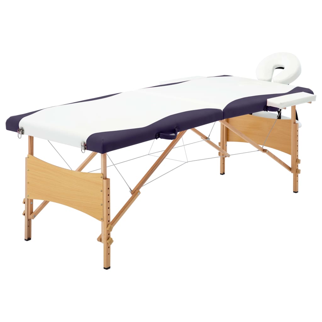 vidaXL Mesa de massagens dobrável 2 zonas madeira branco e roxo