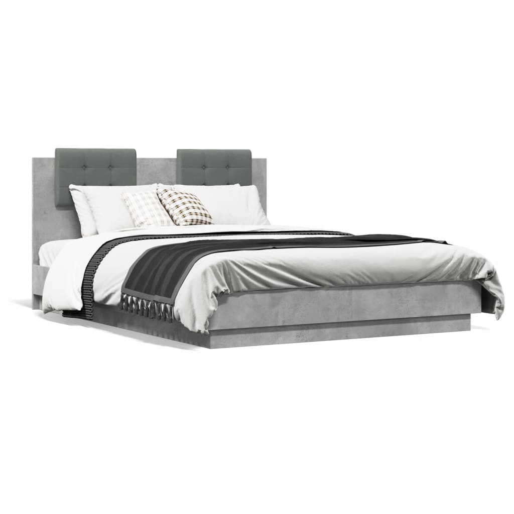 vidaXL Estrutura cama c/ cabeceira/luzes LED 135x190 cm cinza cimento