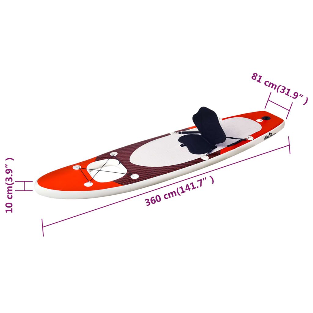 vidaXL Conjunto prancha de paddle SUP insuflável 360x81x10 cm vermelho