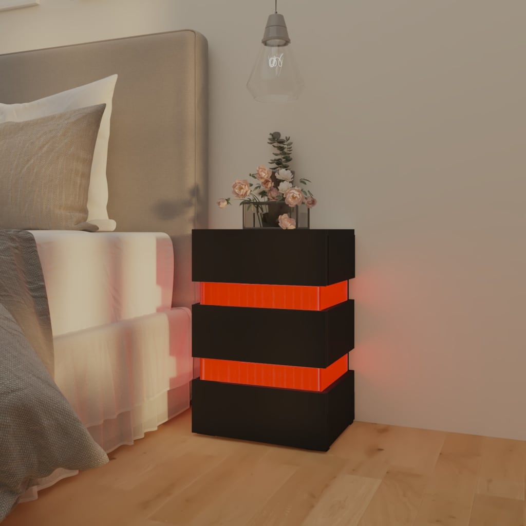 vidaXL Mesa de cabeceira c/ luzes LED derivados de madeira preto