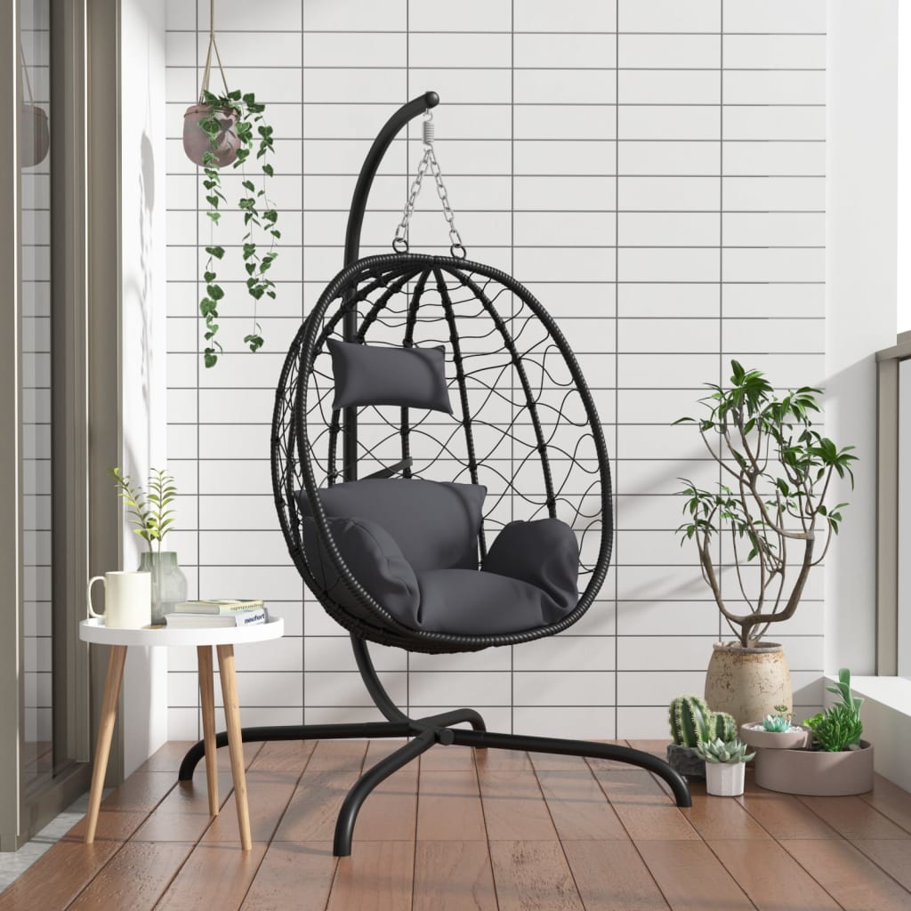 vidaXL Cadeira forma ovo suspensa c/ almofadão vime PE/aço antracite
