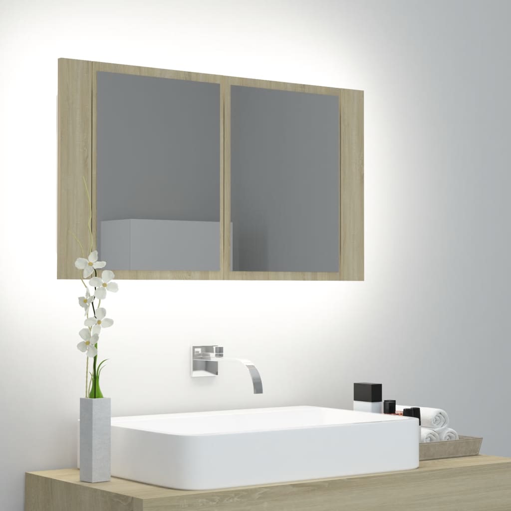 vidaXL Armário espelhado casa de banho LED acrílico carvalho sonoma